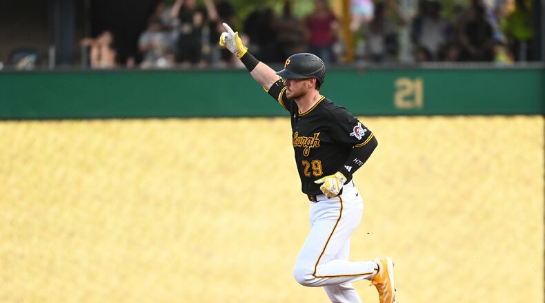 The Pittsburgh Pirates' Ryan O'Hearn (29)celebrates a three-run home run off Atlanta Braves starting pitcher Hurston Waldrep during the third inning of an MLB game, Tuesday, July 7, 2026, in Pittsburgh. (AP Photo/Philip G. Pavely)