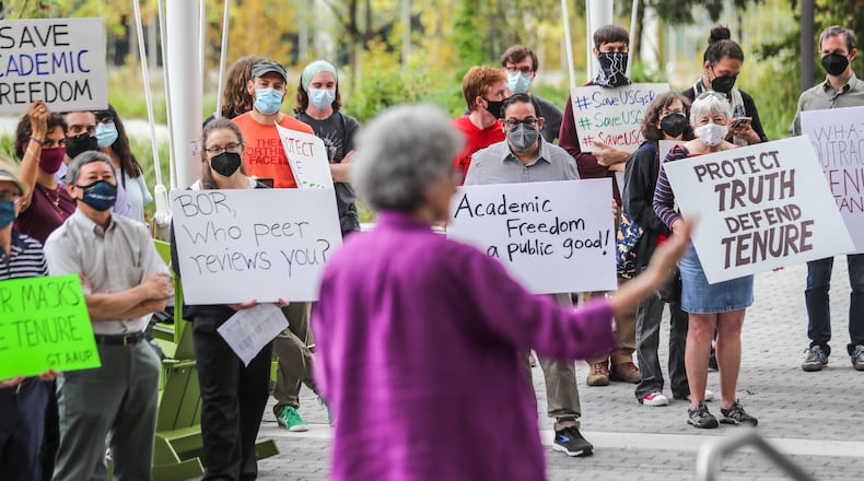 Janet Murray, a professor in the School of Literature, Media, and Communication at Georgia Tech addresses professors from several Georgia universities who rallied Tuesday, Oct. 12, 2021 at the Keneda Building on the Georgia Tech campus in Atlanta against proposed changes to the state system’s post-tenure review process. (John Spink / John.Spink@ajc.com)