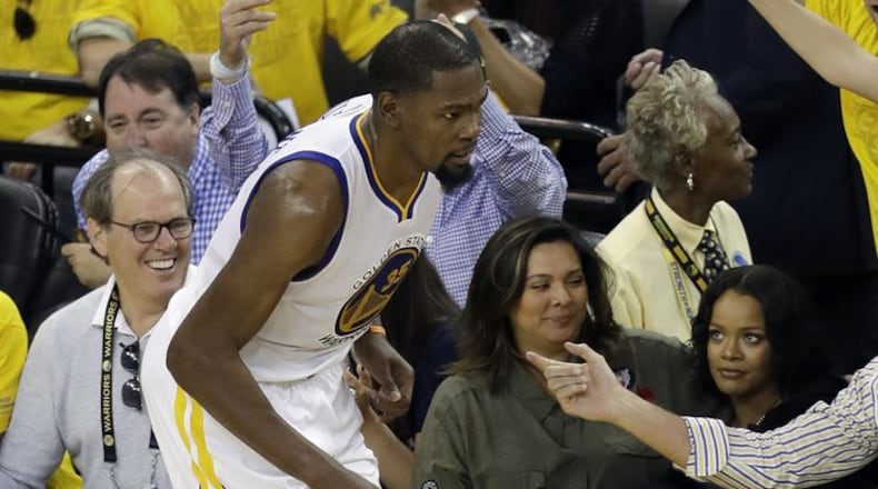 Rihanna stares at Kevin Durant during Game 1 of the 2017 NBA Finals.