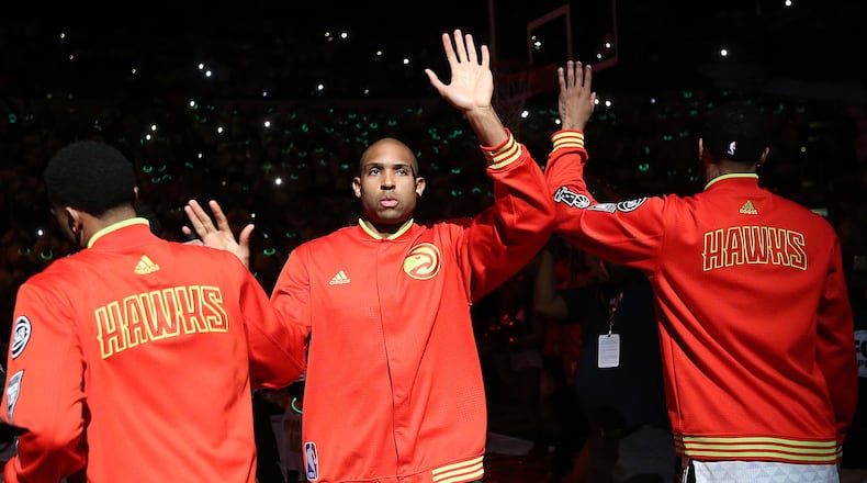 Hawks center Al Horford takes the court to play the Celtics in Game 1 of their NBA playoff basketball game at Philips Arena on Saturday, April 16, 2016. Curtis Compton / ccompton@ajc.com