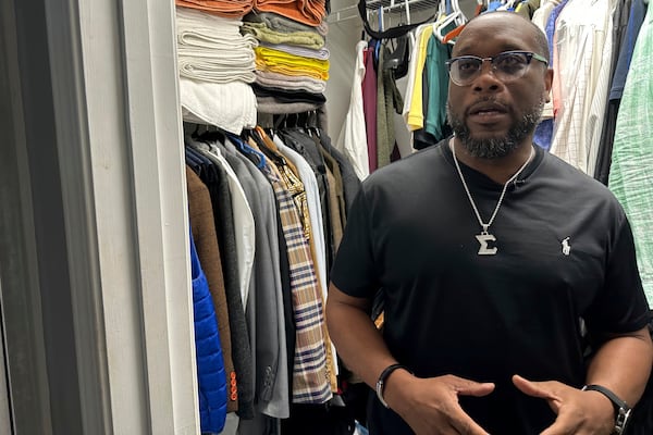 Toi Cliatt talks about the raid in the master bathroom closet he and then-girlfriend Trina Martin hid in after the FBI broke into their home, in Atlanta on Friday, April 25, 2025. (AP Photo/Sudhin Thanawala)
