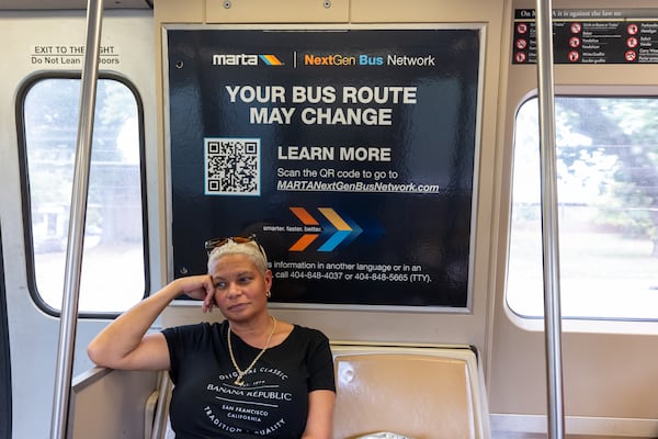 Lurelia Freeman rides a MARTA train in Atlanta for her commute from work on Tuesday, Sept. 30, 2025. (Arvin Temkar/AJC)