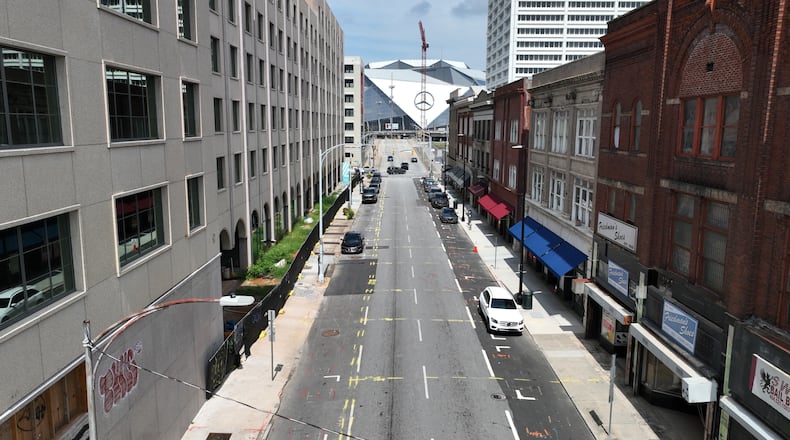 Aerial photo shows the 200 block of Mitchell St SW, Wednesday, August 9, 2023, in Atlanta. (Hyosub Shin / Hyosub.Shin@ajc.com)
