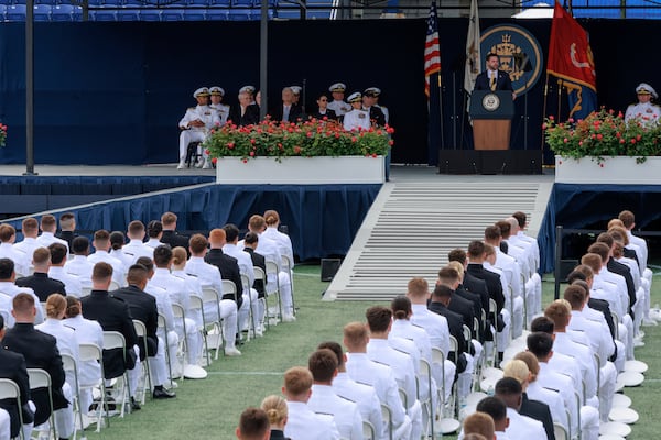 Vice President JD Vance speaks during the U.S. Naval Academy's graduation and commissioning ceremony, at the U.S. Naval Academy in Annapolis, Md., Friday, May 23, 2025. (AP Photo/KT Kanazawich)