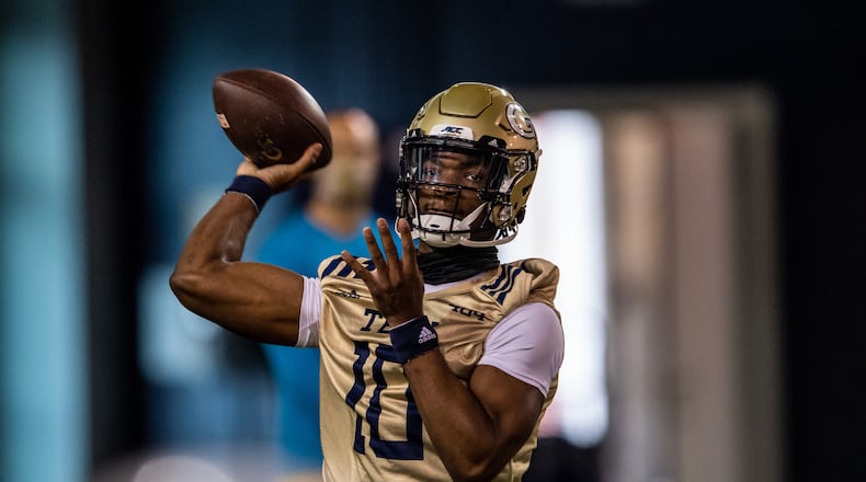 Georgia Tech quarterback Jeff Sims throws at a spring-practice workout March 30, 2021. (Danny Karnik/Georgia Tech Athletics)