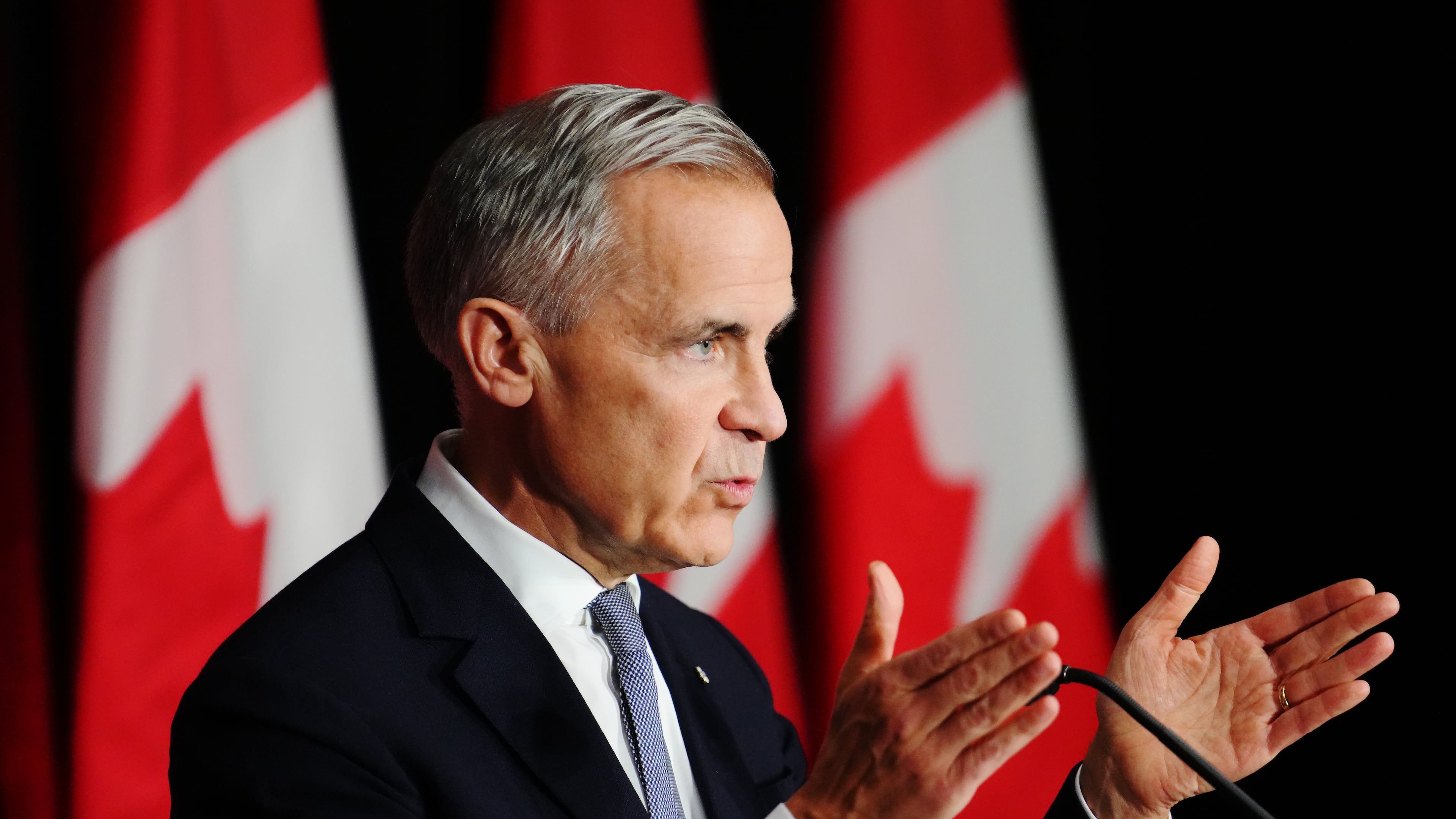Canada Prime Minister Mark Carney makes a live address on Canada's plan to build a stronger economy in advance of the 2025 Budget, at the University of Ottawa in Ottawa on Wednesday, Oct. 22, 2025. (Sean Kilpatrick/The Canadian Press via AP)