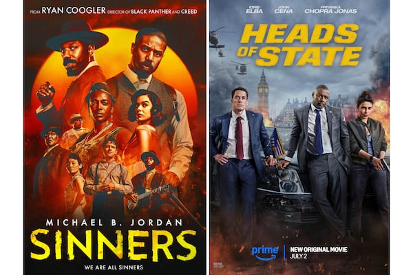 This combination of photos shows promotional art for the films "Sinners," left, and "Heads of State." (Warner Bros. Pictures via AP, left, Prime via AP)