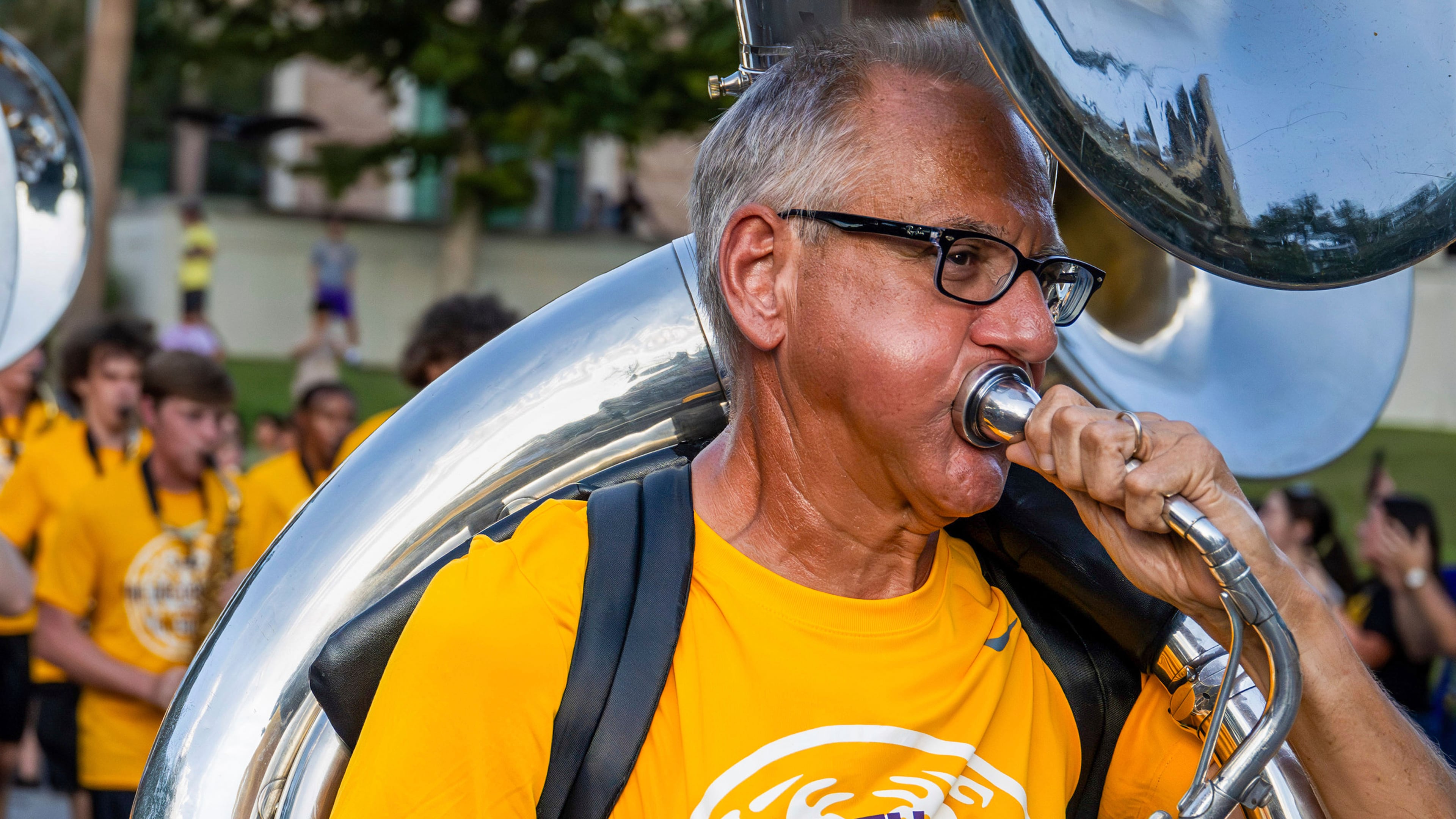 Kent Broussard performs with The Golden Band from Tigerland as they head down Victory Hill for a final run-through before the start of the season Sunday, August 24, 2025 in Baton Rouge, La. (Michael Johnson/The Times-Picayune/The New Orleans Advocate via AP)