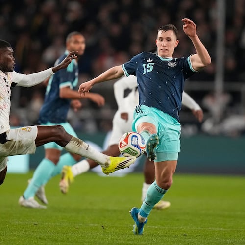 FILE -Thomas Partey of Ghana and Nico Schlotterbeck of Germany challenge for the ball during an international friendly soccer match between Germany and Ghana in Stuttgart, Germany, March 30, 2026. (AP Photo/Matthias Schrader, File)