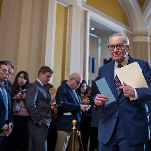 Senate Minority Leader Chuck Schumer, D-N.Y., waits to speak to reporters following a closed-door meeting with fellow Democrats at the Capitol in Washington, Wednesday, Jan. 28, 2026. (AP Photo/J. Scott Applewhite)