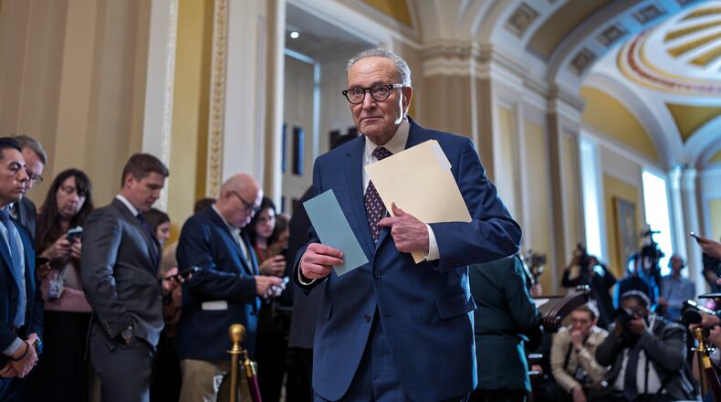Senate Minority Leader Chuck Schumer, D-N.Y., waits to speak to reporters following a closed-door meeting with fellow Democrats at the Capitol in Washington, Wednesday, Jan. 28, 2026. (AP Photo/J. Scott Applewhite)