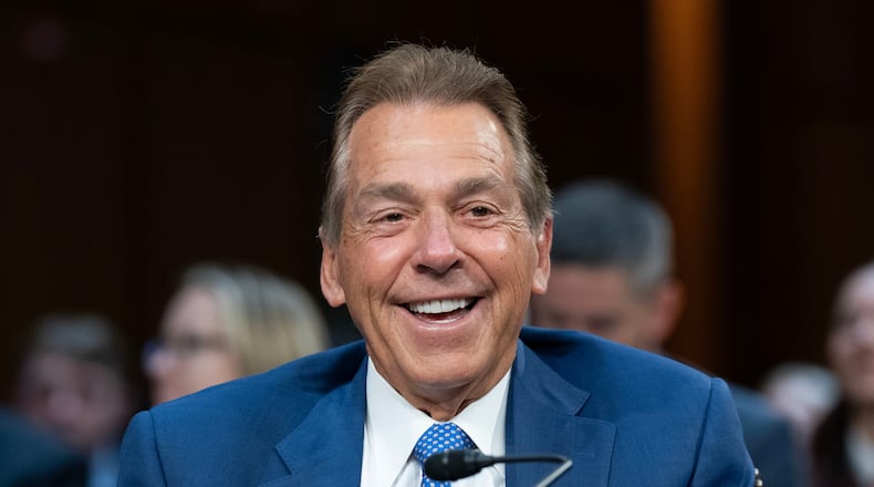 Former University of Alabama football coach Nick Saban testifies before Senate Committee on Commerce, Science, and Transportation hearing to examine college sports, supporting student athletes, and fair competition on Capitol Hill, Wednesday, June 3, 2026, in Washington. (AP Photo/Jose Luis Magana)