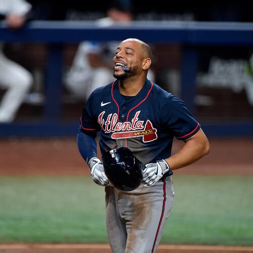 Braves designated hitter Dominic Smith reacts to scoring a run during the eighth inning against the Marlins on Wednesday, May 20, 2026, in Miami. (Michael Laughlin/AP)