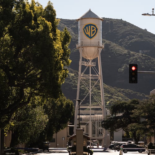 The Warner Bros. water tower is seen at Warner Bros. Studios in Burbank, Calif., Friday, Dec. 5, 2025. (AP Photo/Jae C. Hong)