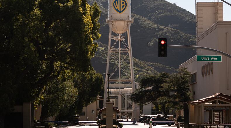 The Warner Bros. water tower is seen at Warner Bros. Studios in Burbank, Calif., Friday, Dec. 5, 2025. (AP Photo/Jae C. Hong)