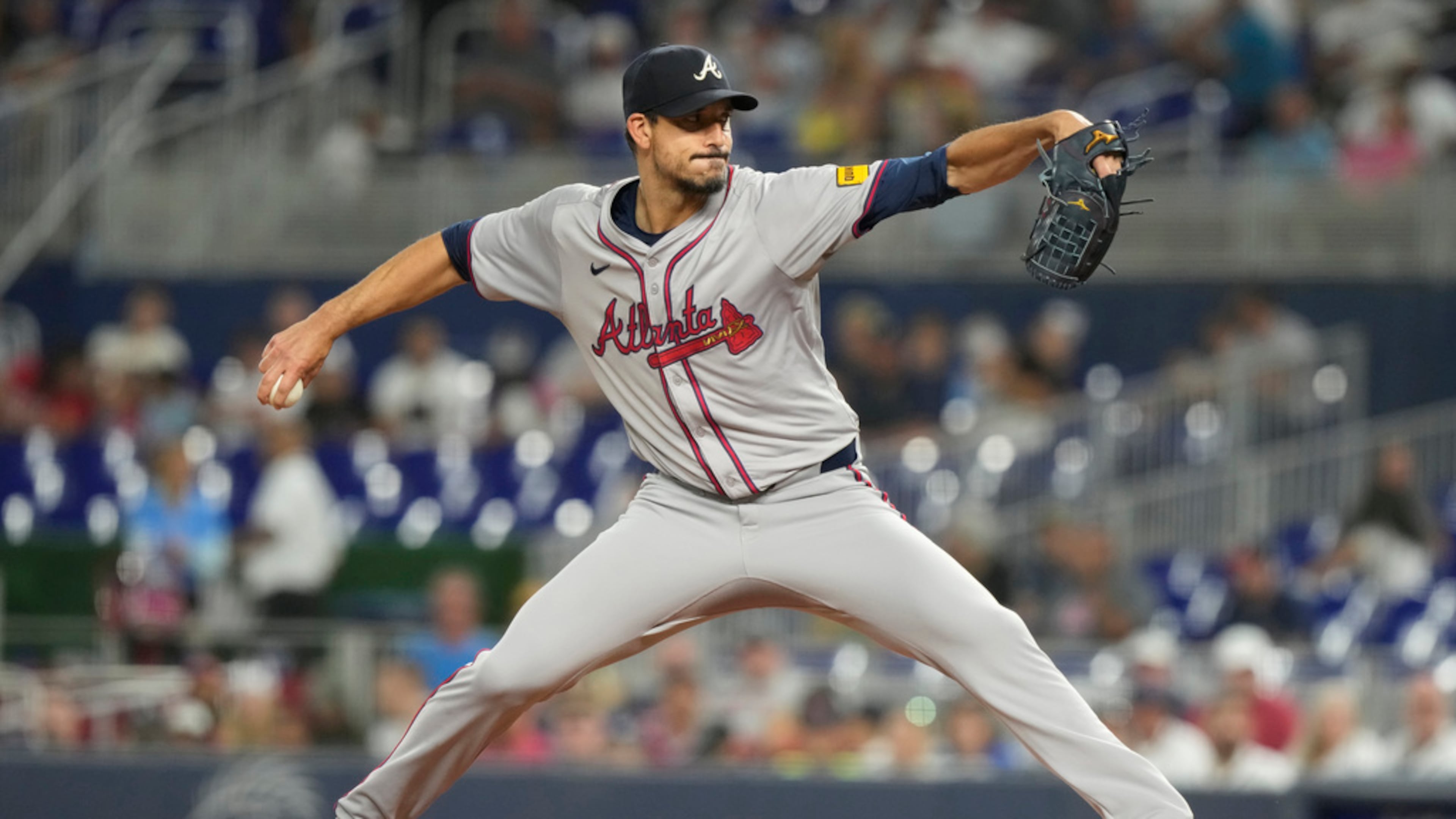 Atlanta Braves pitcher Charlie Morton aims a pitch during the first inning of a baseball game against the Miami Marlins, Friday, Sept. 20, 2024, in Miami. (Marta Lavandier/AP)