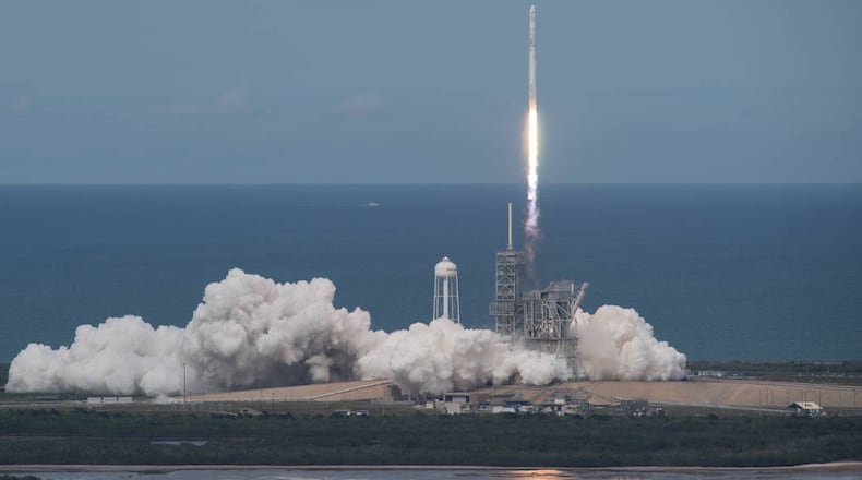 The SpaceX Falcon 9 rocket, with the Dragon spacecraft onboard, launches from pad 39A at NASAâs Kennedy Space Center in Cape Canaveral, Florida, Saturday, June 3, 2017. Dragon is carrying almost 6,000 pounds of science research, crew supplies and hardware to the International Space Station in support of the Expedition 52 and 53 crew members. The unpressurized trunk of the spacecraft also will transport solar panels, tools for Earth-observation and equipment to study neutron stars. This will be the 100th launch, and sixth SpaceX launch, from this pad. Previous launches include 11 Apollo flights, the launch of the unmanned Skylab in 1973, 82 shuttle flights and five SpaceX launches. Photo Credit: (NASA/Bill Ingalls)