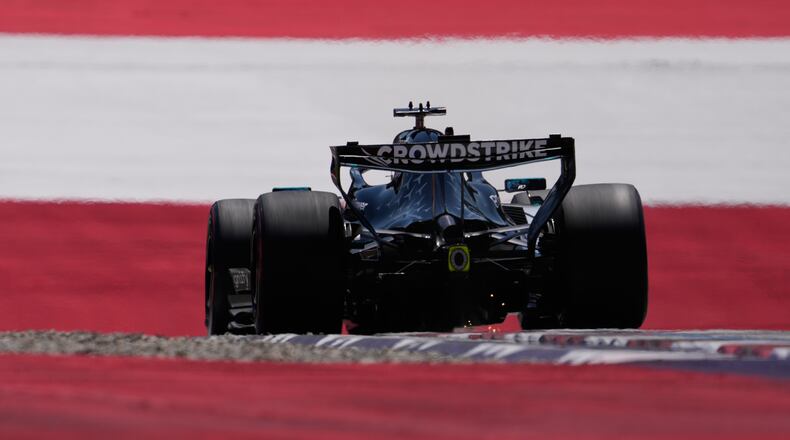 Mercedes driver George Russell of Britain steers his car during the third free practice ahead of the Austrian F1 Grand Prix, in Spielberg, Austria, Saturday, June 27, 2026. (AP Photo/Darko Bandic)