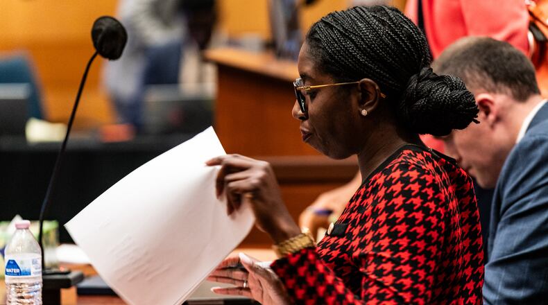 Assistant District Attorney Simone Hylton gathers her notes during the ongoing “Young Slime Life” gang trial at the Fulton County Courthouse in Atlanta on Friday, July 19, 2024. (Seeger Gray / AJC)