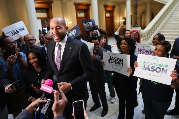 Democratic candidate for governor Jason Esteves often ends speeches and forums by taking a shot at former Lt. Gov. Geoff Duncan. (Arvin Temkar/AJC)