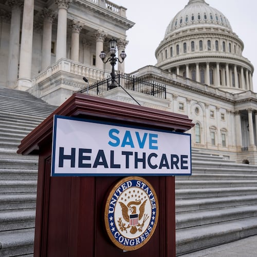 House Democrats prepare to speak on the steps of the Capitol to insist that Republicans include an extension of expiring health care benefits as part of a government funding compromise, in Washington, Tuesday, Sept. 30, 2025. (AP Photo/J. Scott Applewhite)