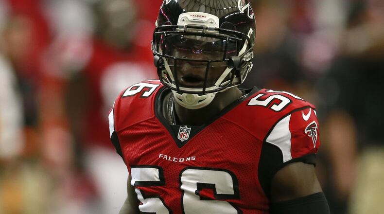Atlanta Falcons linebacker Sean Weatherspoon (56) lines up against the Tampa Bay Buccaneers during an NFL football game, Sunday, Sept. 11, 2016, in Atlanta. The Buccaneers won the game 31-24. (Jeff Haynes/AP Images for Panini)
