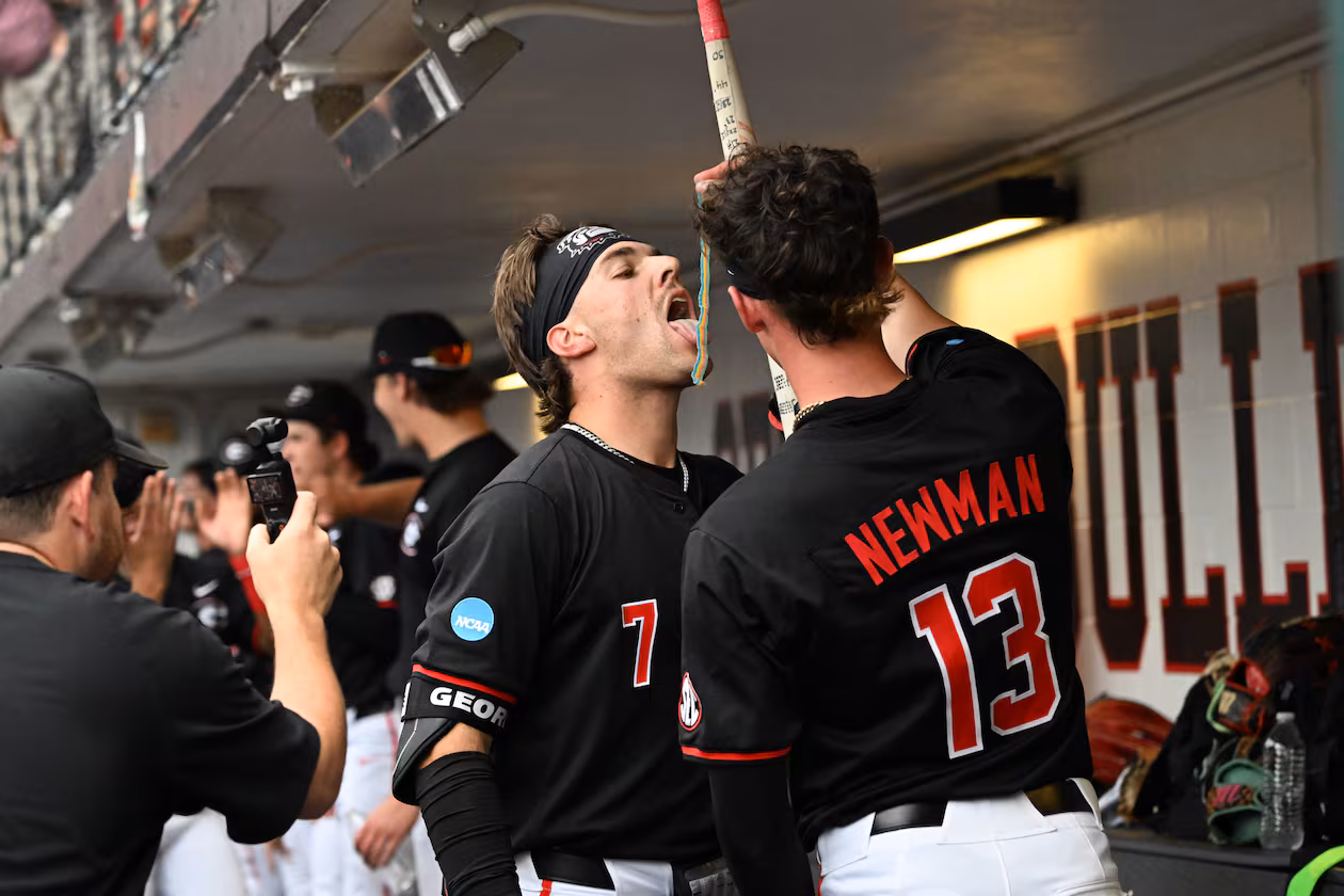 Georgia catcher Jack Arcamone (7) celebrates with teammates after hitting a 2-run home run during the third inning of their NCAA Regional game at Foley Field, Friday, May 29, 2026, in Athens. (Hyosub Shin/AJC)