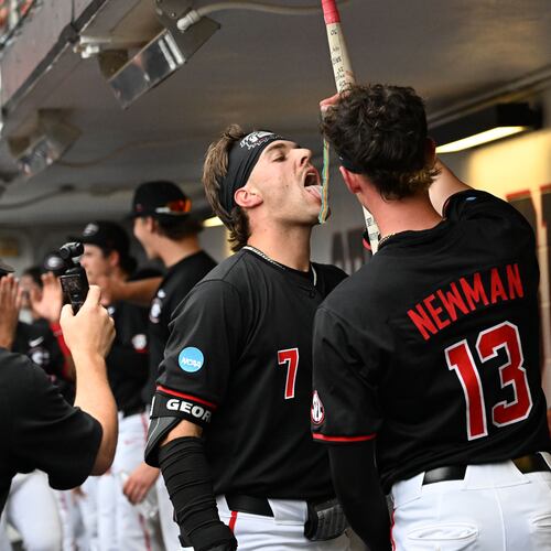 Georgia catcher Jack Arcamone (7) celebrates with teammates after hitting a 2-run home run during the third inning of their NCAA Regional game at Foley Field, Friday, May 29, 2026, in Athens. (Hyosub Shin/AJC)