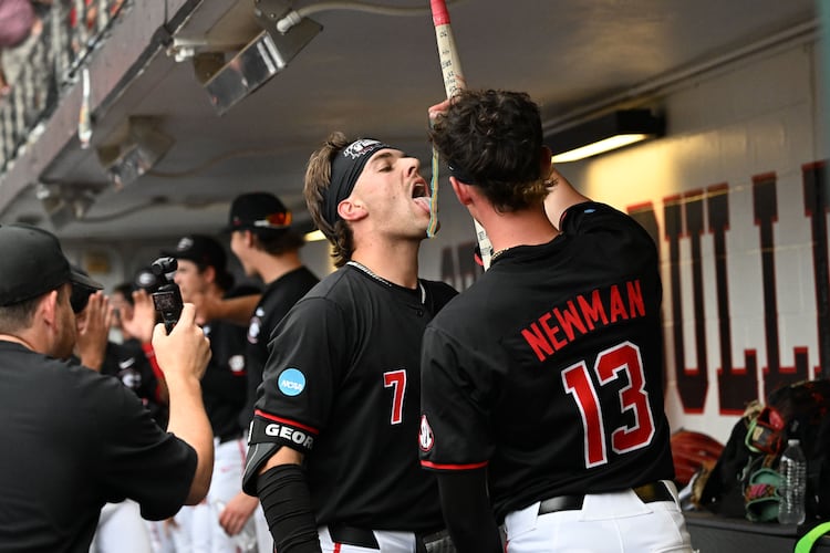 Georgia catcher Jack Arcamone (7) celebrates with teammates after hitting a 2-run home run during the third inning of their NCAA Regional game at Foley Field, Friday, May 29, 2026, in Athens. (Hyosub Shin/AJC)