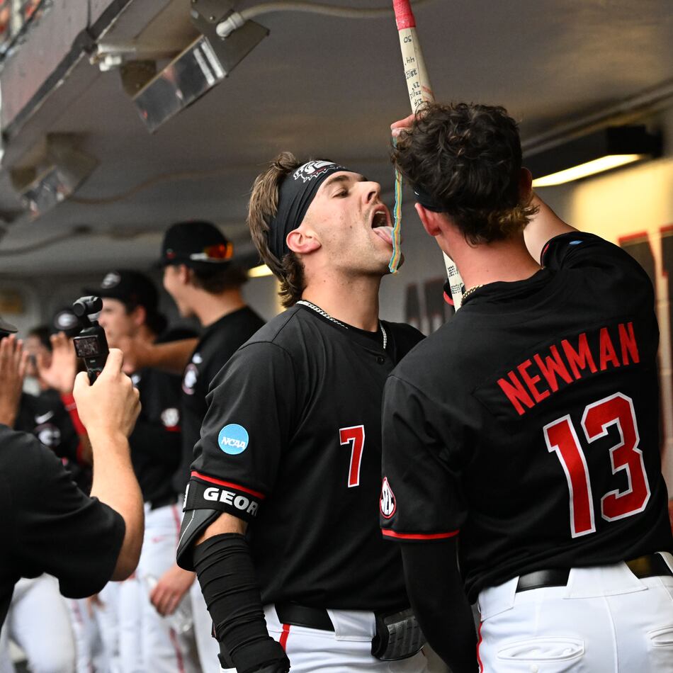 Georgia catcher Jack Arcamone (7) celebrates with teammates after hitting a 2-run home run during the third inning of their NCAA Regional game at Foley Field, Friday, May 29, 2026, in Athens. (Hyosub Shin/AJC)