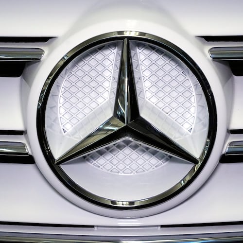 FILE - A Mercedes Benz logo is displayed on a vehicle at the Pittsburgh International Auto Show in Pittsburgh, Feb. 14, 2025. (AP Photo/Gene J. Puskar, File)