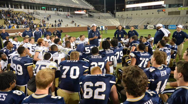 April 20, 2018 Atlanta - Georgia Tech head coach Paul Johnson instructs after 2018 Georgia Tech Football Spring Game at Bobby Dodd Stadium on Friday, April 20, 2018. HYOSUB SHIN / HSHIN@AJC.COM