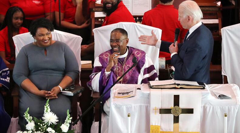 March 1, 2020 Selma: Joe Biden, Former United States Vice-President and Democrat candidate for President, pays compliments to former candidate for governor Stacey Abrams while speaking at Brown Chapel African Methodist Episcopal Church during Selma's re-enactment of Bloody Sunday on Sunday, March 1, 2020, in Selma. Curtis Compton ccompton@ajc.com