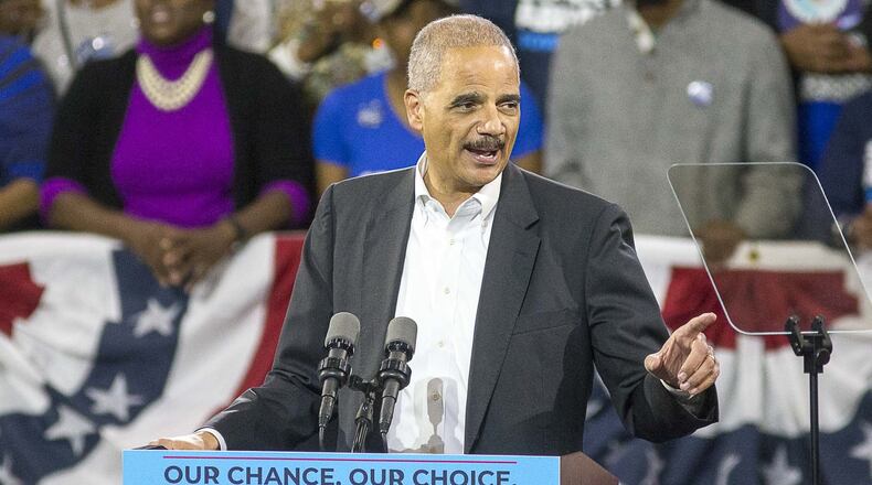 Former U.S. Attorney General Eric Holder speaks during a November 2018 rally for Democratic gubernatorial candidate Stacey Abrams inside Forbes Arena at Morehouse College. (ALYSSA POINTER/ALYSSA.POINTER@AJC.COM)