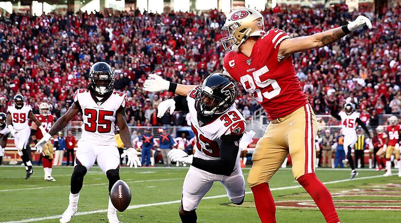 Falcons defensive back Blidi Wreh-Wilson (33) breaks up a pass intended for 49ers tight end George Kittle in the end zone Sunday, Dec. 15, 2019, at Levi's Stadium in Santa Clara, Calif.