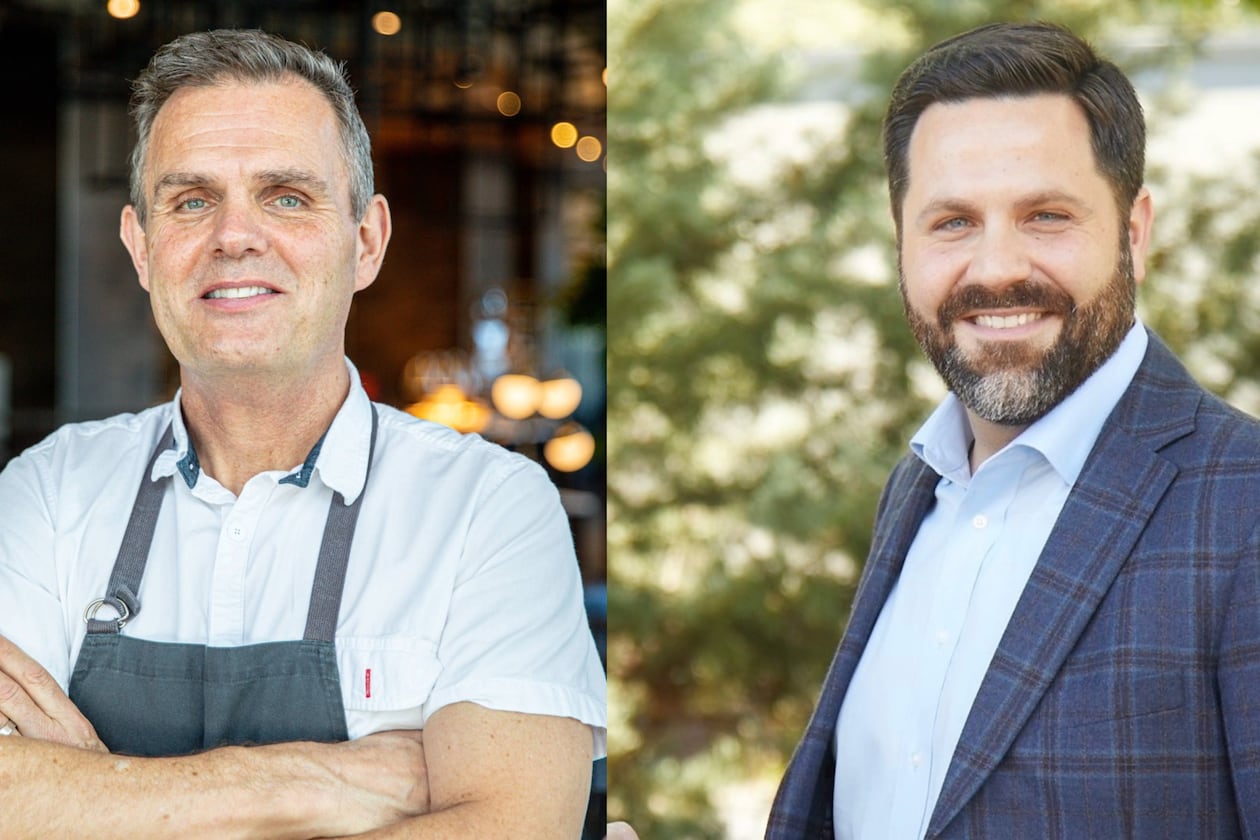 Portraits of two men superimposed next to one another.