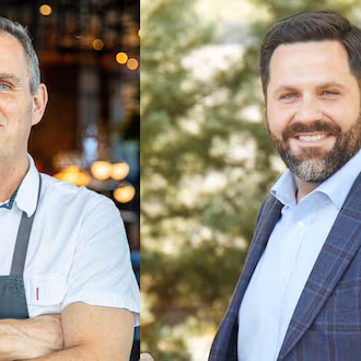 Portraits of two men superimposed next to one another.