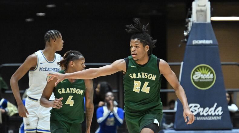 Grayson's Gicarri Harris (24) reacts during the first half of Saturday's Class 7A boys championship game against McEachern in Macon.