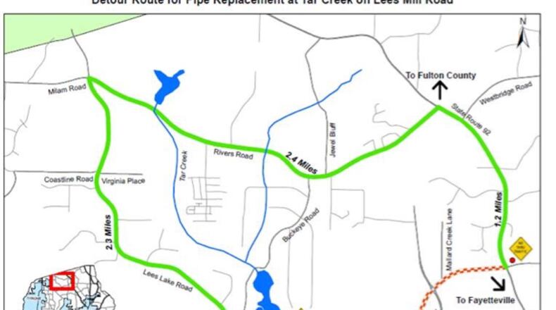 A detour remains in place while a new culvert pipe is being installed on Lees Mill Road at Tar Creek. Courtesy Fayette County