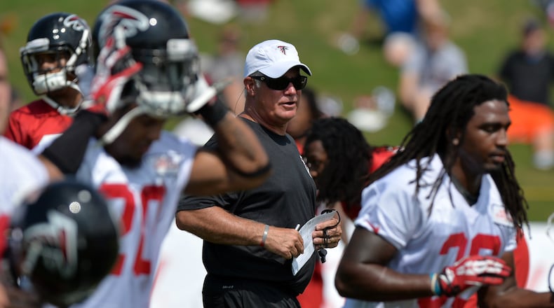 Atlanta Falcons head coach Mike Smith walks the field during training camp on Friday, July 25, 2014.