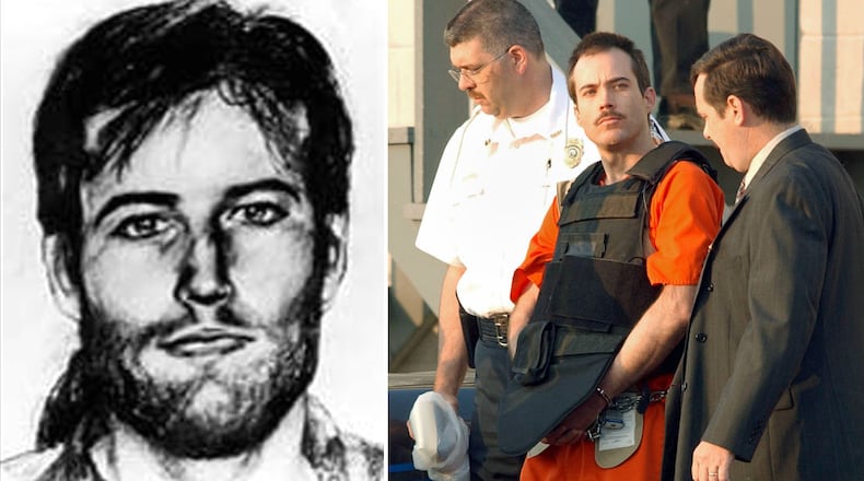 At left is a police sketch, based on witness statements, of Eric Robert Rudolph, who bombed the 1996 Summer Olympics in Atlanta, as well as a lesbian nightclub there and abortion clinics in Atlanta and Birmingham, Alabama. At right, Rudolph is escorted to a court hearing following his capture in Murphy, North Carolina, in 2003, more than five years after his serial bombings ended.