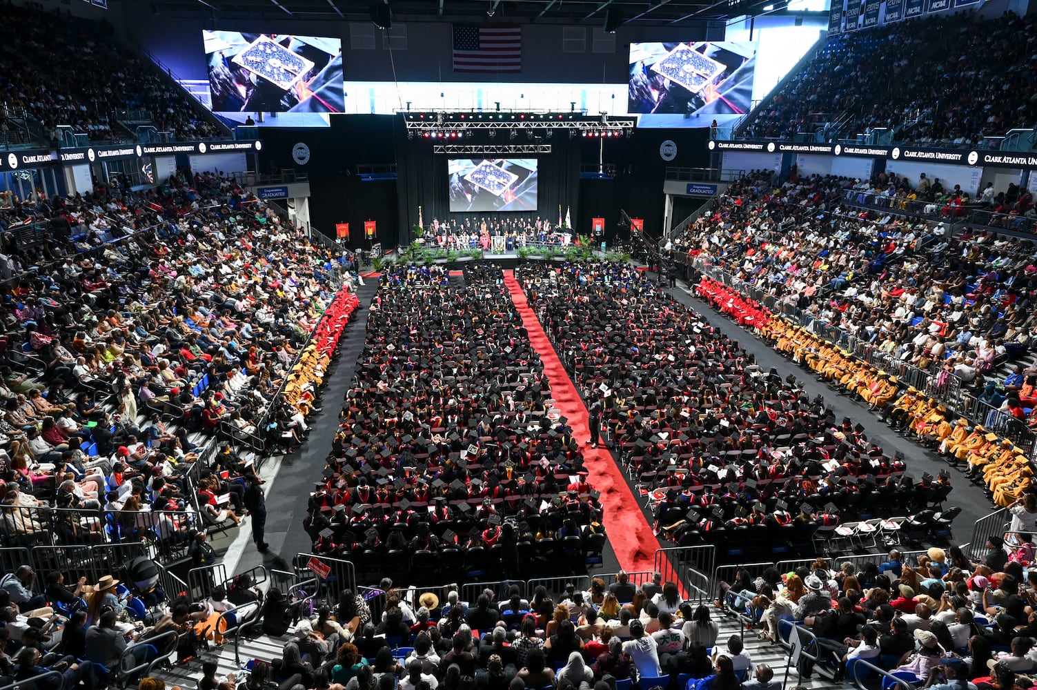 Clark Atlanta University President George T. French Jr., address attendees during university’s 2025 commencement ceremony Sunday, May 18, 2025 at Georgia State’s Convocation Center. (Daniel Varnado/For the Atlanta Journal-Constitution)