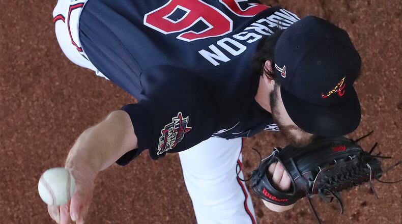 Atlanta Braves starting pitcher Ian Anderson (36) throws in the bullpen before taking the mound as the starting pitcher against the Minnesota Twins Tuesday, March 2, 2021, in North Port, Fla. (Curtis Compton / Curtis.Compton@ajc.com)