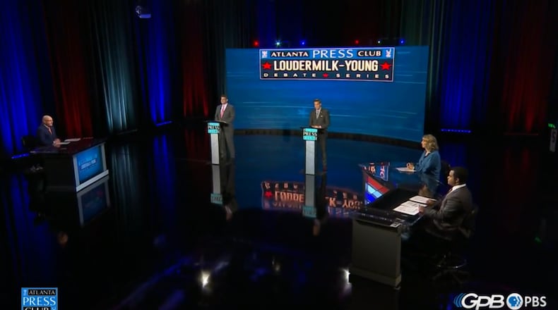 Democrat Bob Christian and Republican Rich McCormick, candidates in the 2022 general election for Georgia's 6th Congressional District, participate in the Atlanta Press Club's Loudermilk-Young debate series on Oct. 16, 2022. Screenshot via Atlanta Press Club Facebook page.