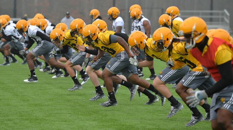 KENNESAW FOOTBALL BEGINS--March 2, 2015 Kennesaw, GA: Kennesaw State began spring practice Monday morning March 2, 2015. The practice was one of 14 scheduled this spring, leading up to the Black and Gold Game on Saturday March 28, 2015. BRANT SANDERLIN / BSANDERLIN@AJC.COM