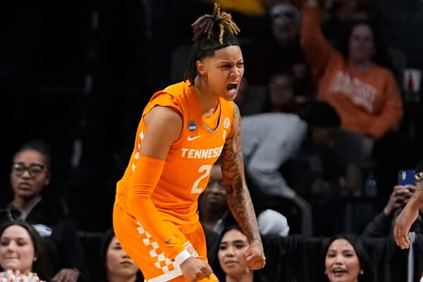 Tennessee guard Ruby Whitehorn (2) reacts after making a basket at the buzzer to end the first half against Texas in the Sweet 16 of the NCAA college basketball tournament, Saturday, March 29, 2025. in Birmingham, Ala. (AP Photo/Gerald Herbert)