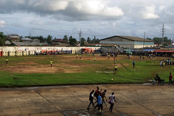 Teams in Liberia's professional kickball league play a match at the Samuel Kanyon Doe Stadium in Monrovia, Liberia, June 14, 2025. (AP Photo/Annie Risemberg)