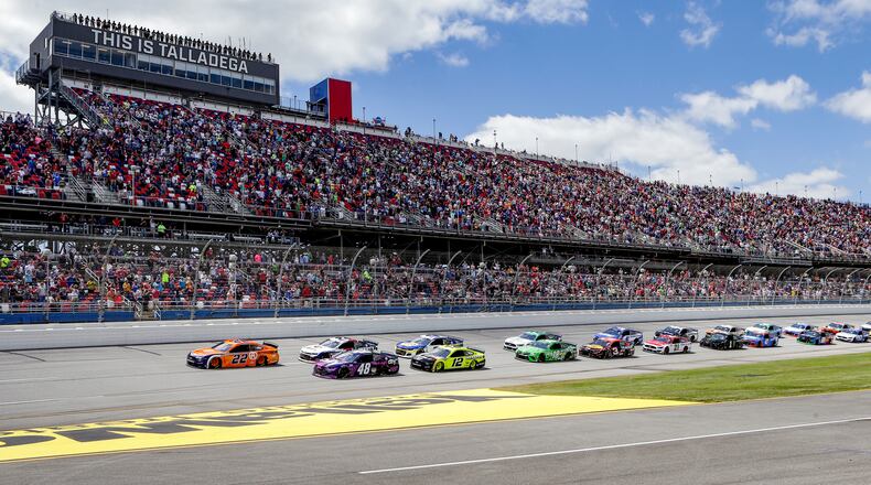 NASCAR Cup Series driver Joey Logano (22) leads the pack to the green flag during the Geico 500 NASCAR Sprint Cup race Sunday, April 25, 2021, at Talladega Superspeedway in Talladega, Ala. (Butch Dill/AP)