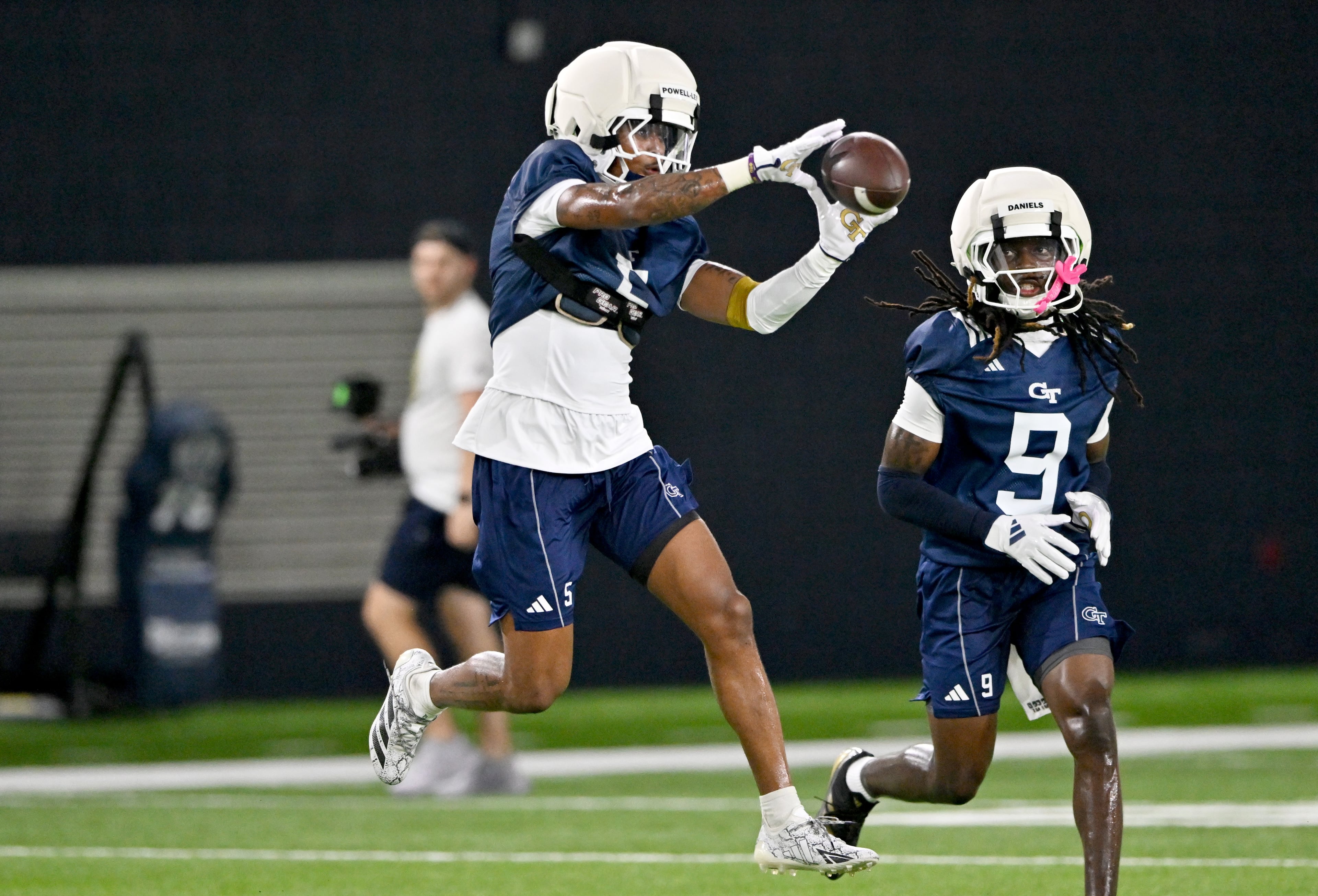 Georgia Tech defensive back Clayton Powell-Lee (5) participates in a drill during the first day of football practice at Rose Bowl Field and the Mary and John Brock Football Practice Facility, Tuesday, July 29, 2025, in Atlanta. (Hyosub Shin / AJC)