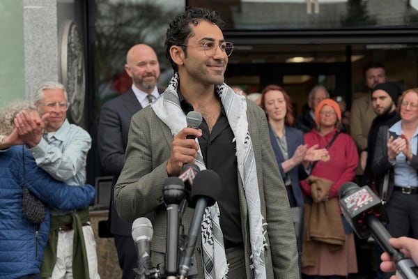 Mohsen Mahdawi speaks outside the courthouse after a judge released the Palestinian student activist on Wednesday, April 30, 2025 in Burlington, Vt. (AP Photo/Amanda Swinhart)